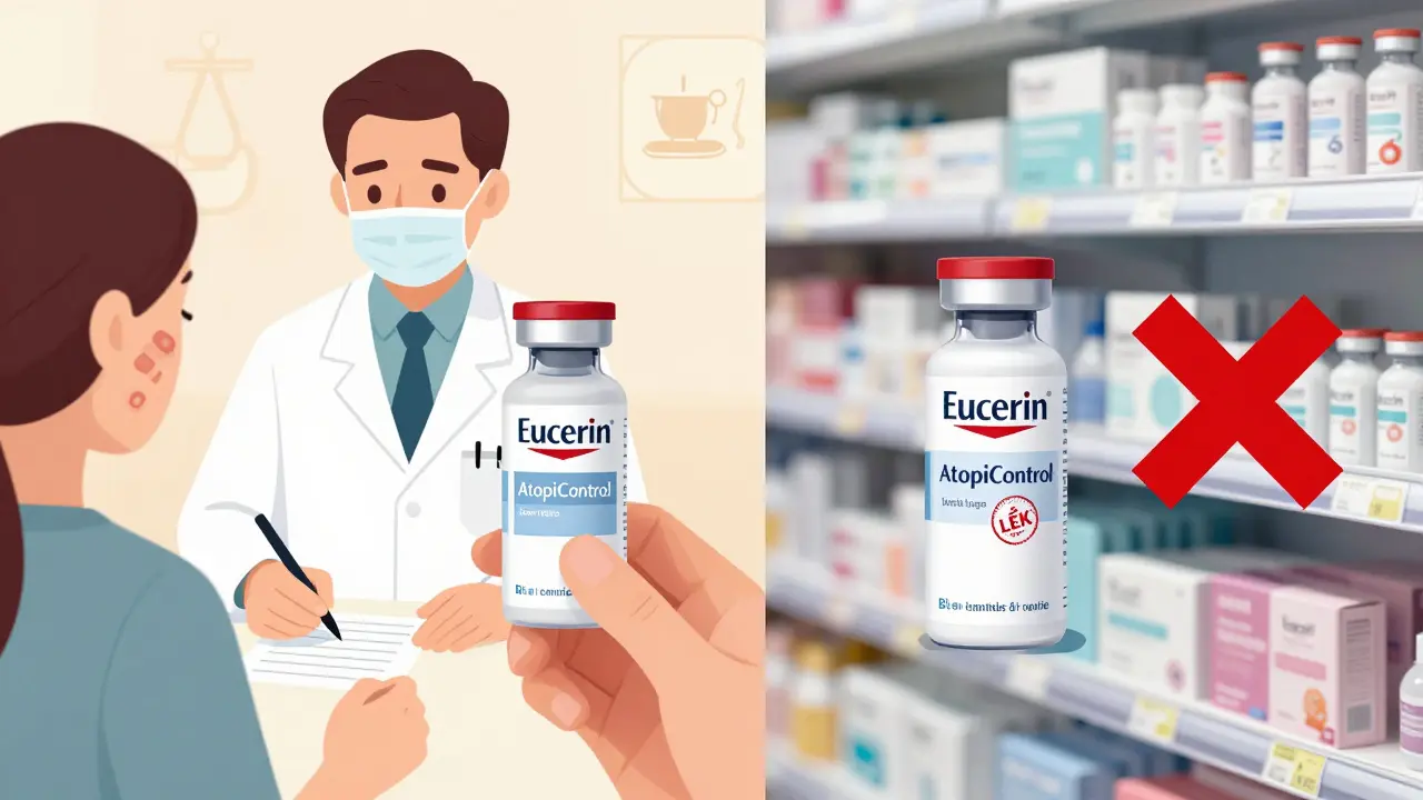 Lékař předepisuje lék na atopickou dermatitidu, zatímco stejný krém v kosmetickém obchodě nemá léčivé označení.