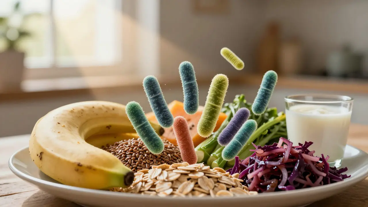 Obnovující se střevní mikroflóra s vlákninou, fermentovanými potravinami a živými bakteriemi v přírodním prostředí.