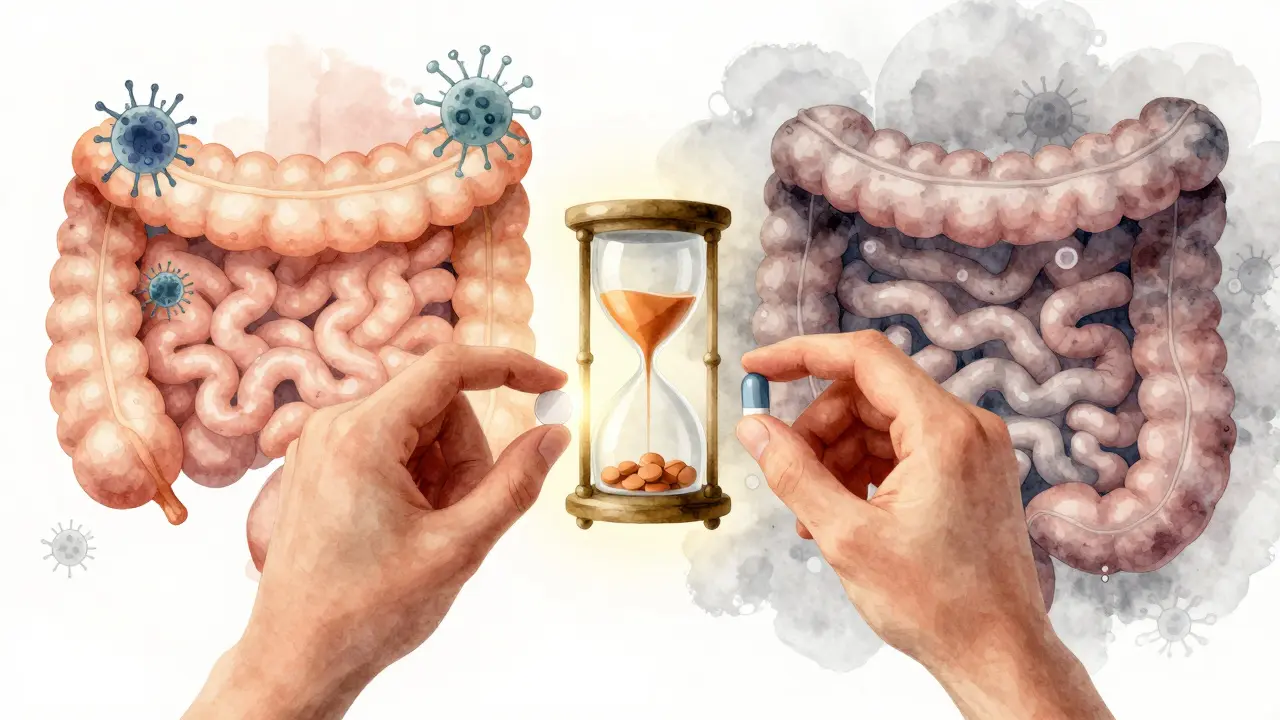 Osoba užívá antibiotikum a probiotikum se 2hodinovým intervalem, symbolizující správný časový rozvrh.