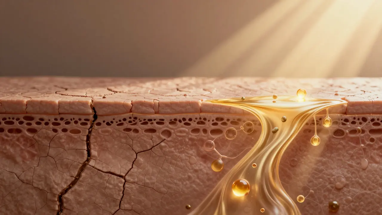 Přeměna staré pleti v živou a pružnou pod vlivem přírodních olejů s vizuálním vyjádřením antioxidantů.