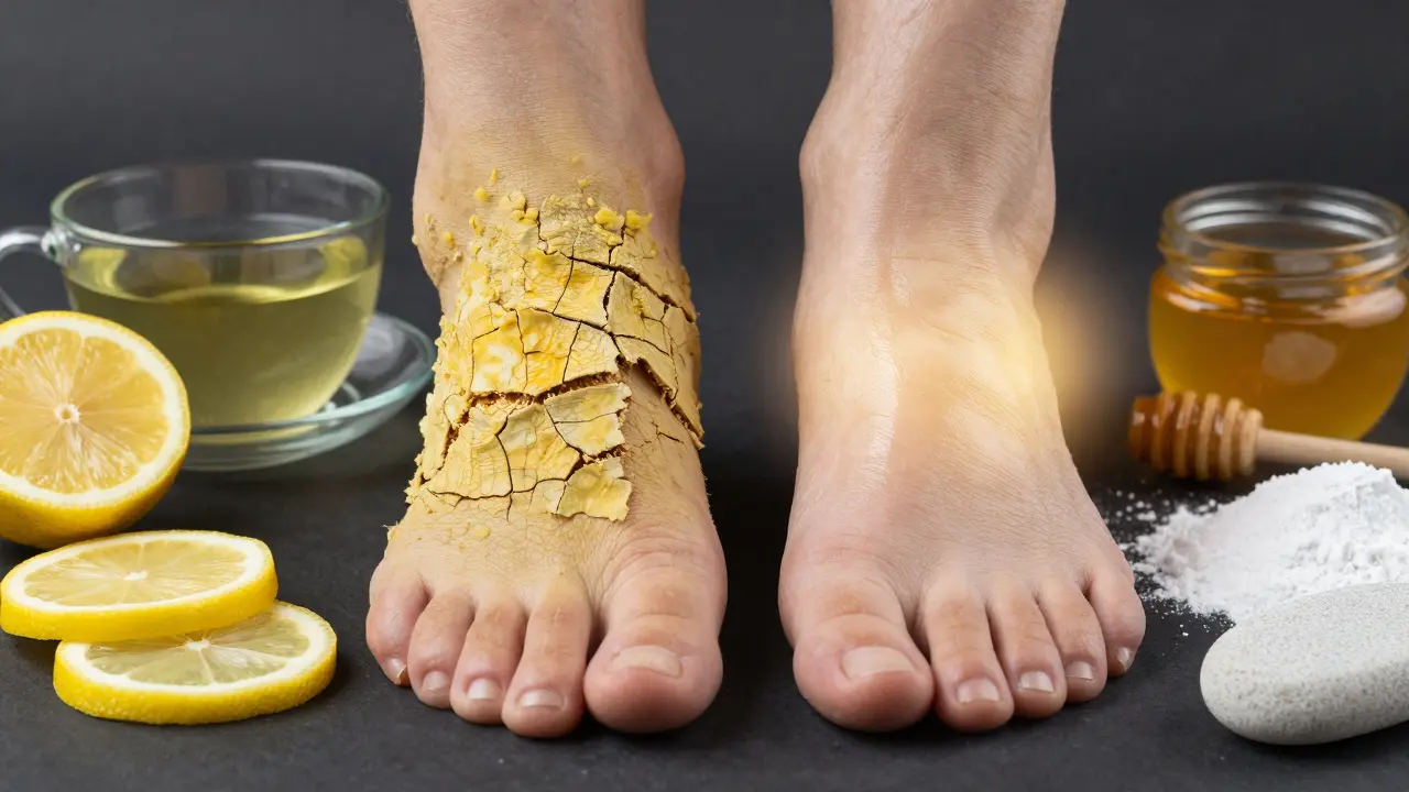 Převrácený pohled na chodidlo: jedna strana žlutá a drsná, druhá hladká a zářivá s přírodními látkami kolem.