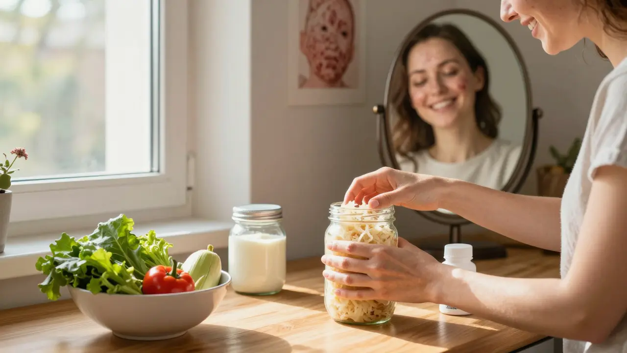 Příprava kvaseného zelí v české kuchyni s kefírem a doplňkem, zrcadlo ukazuje zlepšenou pokožku.