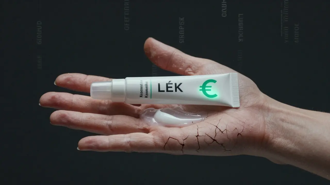 Průhledná ruka s poškozenou pokožkou, kde léčivý krém svítí s připomínkou náhrady, kosmetika je jen slabě zviditelná.