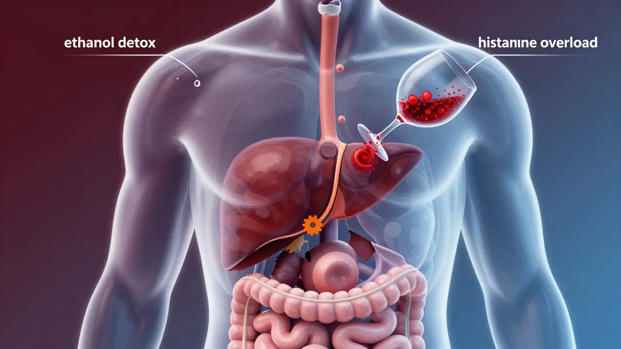 Průřez tělem ukazující přetížení histaminem z vína a chybějící enzym DAO v trávení.