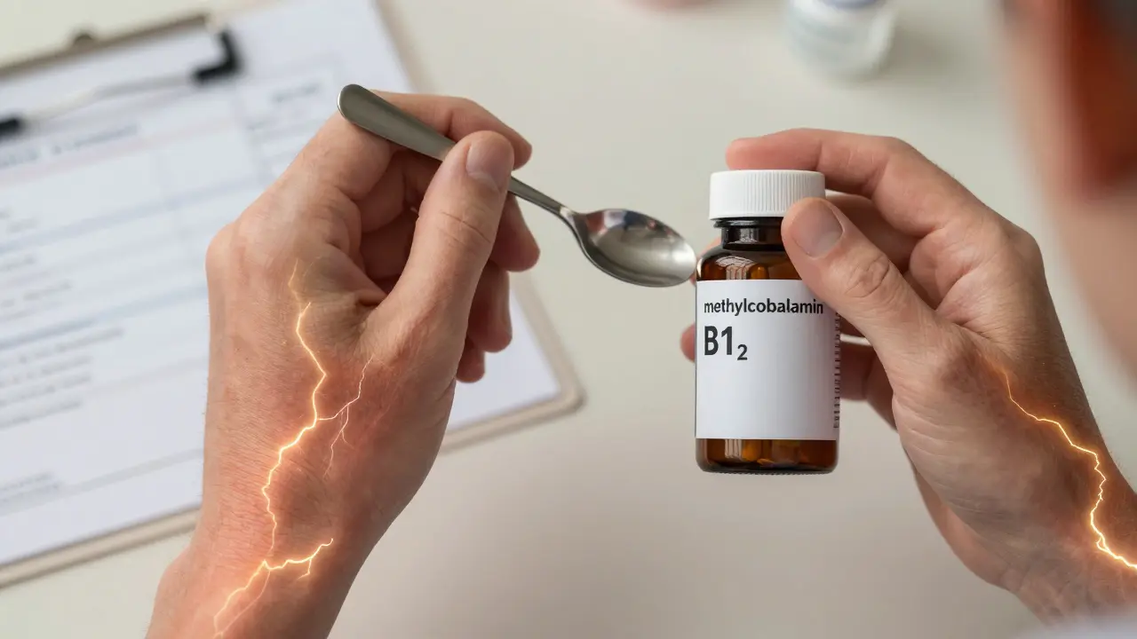 Ruce s pálivým brněním pod kůží, jedna drží lžíci, druhá lék methylkobalamin, symbolizující poškození nervů.