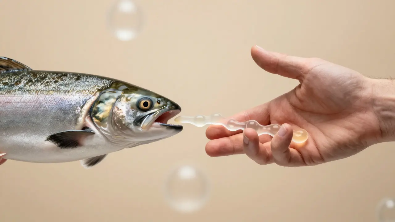 Ryba a člověk spojení proužky kolagenu, který proudí mezi nimi.