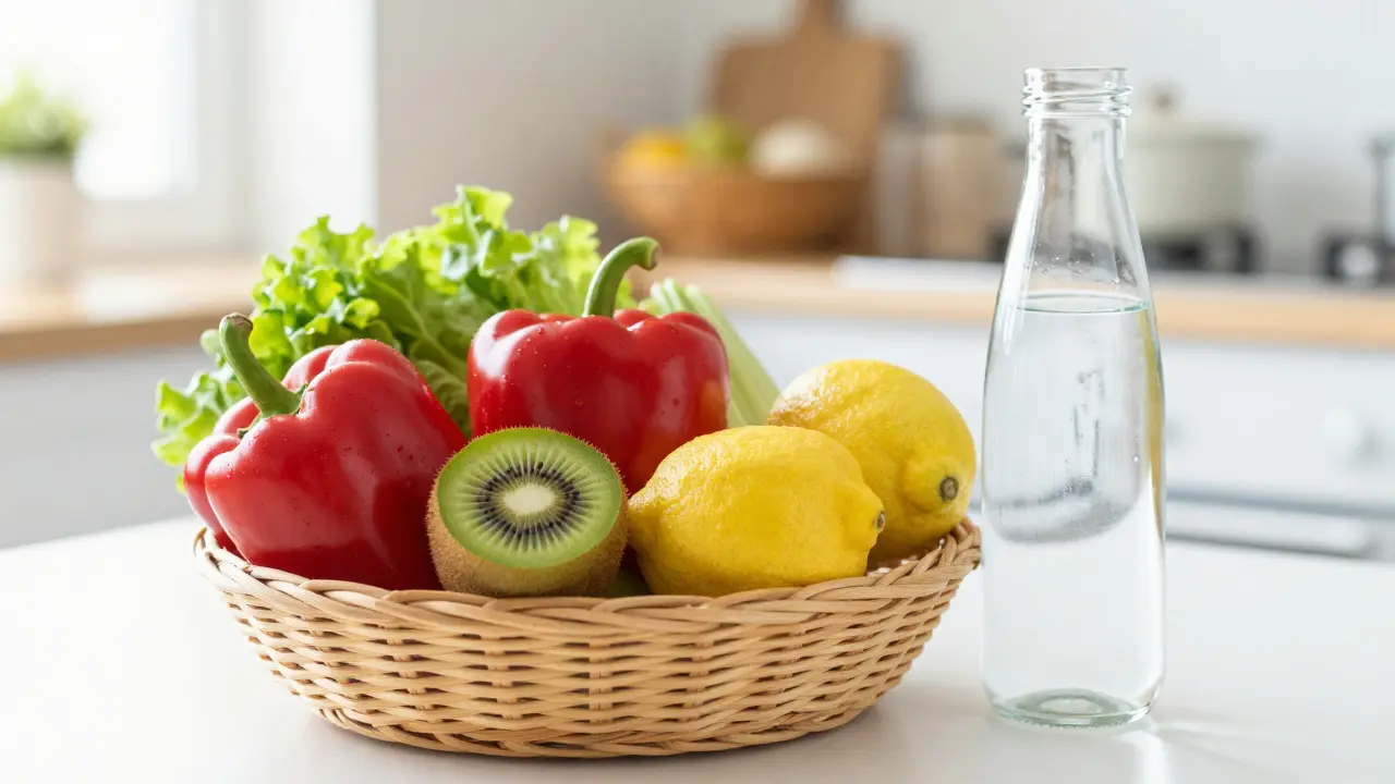 Sklenice vody a barevná zelenina představují bezpečnou výživu pro imunitu