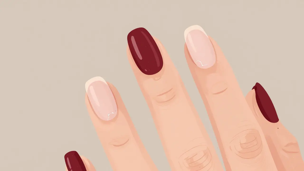 Srovnání nehtu s gel lakem a sousedních nehtů bez laku s příznaky poškození.