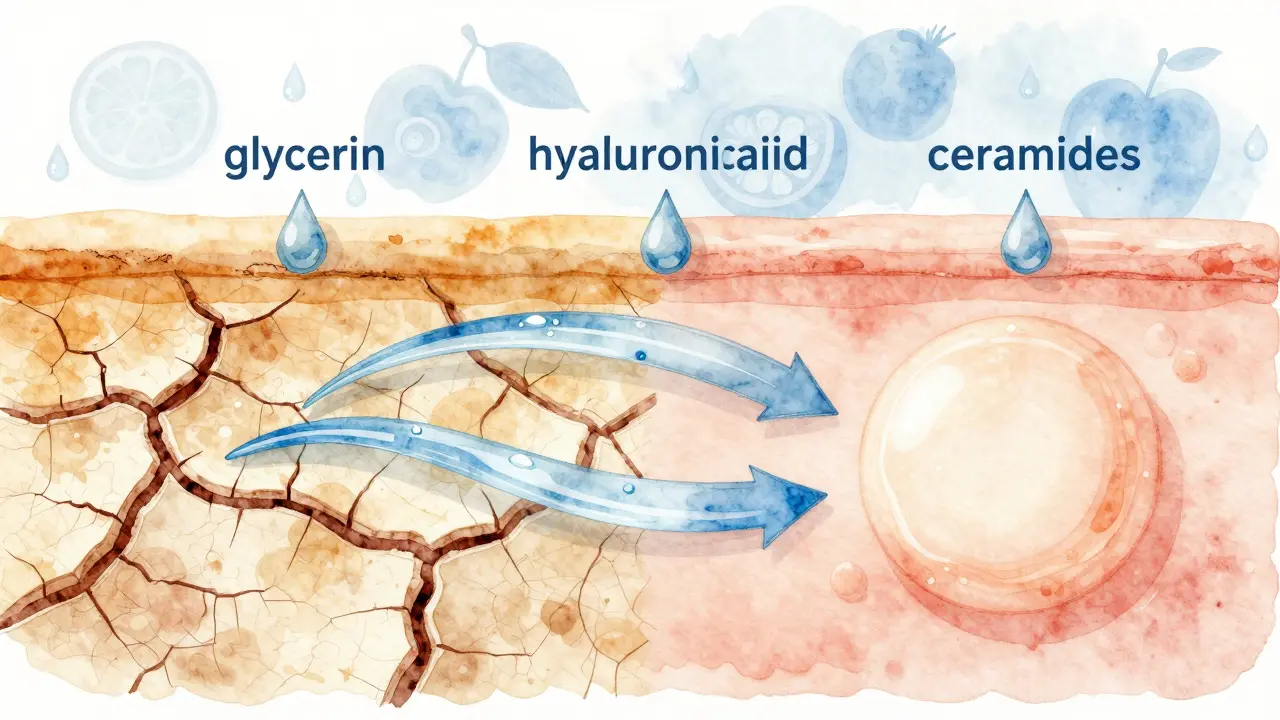 Suchá kůže se přeměňuje v hydratovanou díky molekulárnímu působení humektantů a ceramidů.