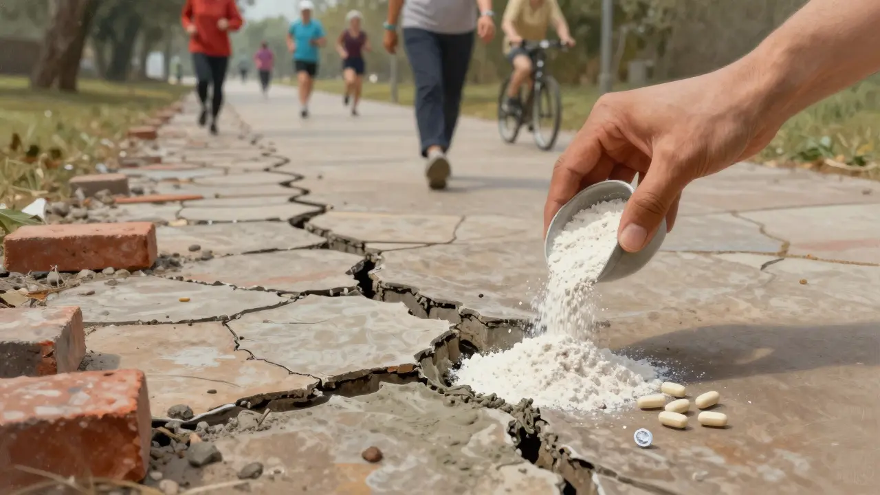Symbolický obraz opravy poškozeného chodníku jako metafora obnovy chrupavky kloubů.