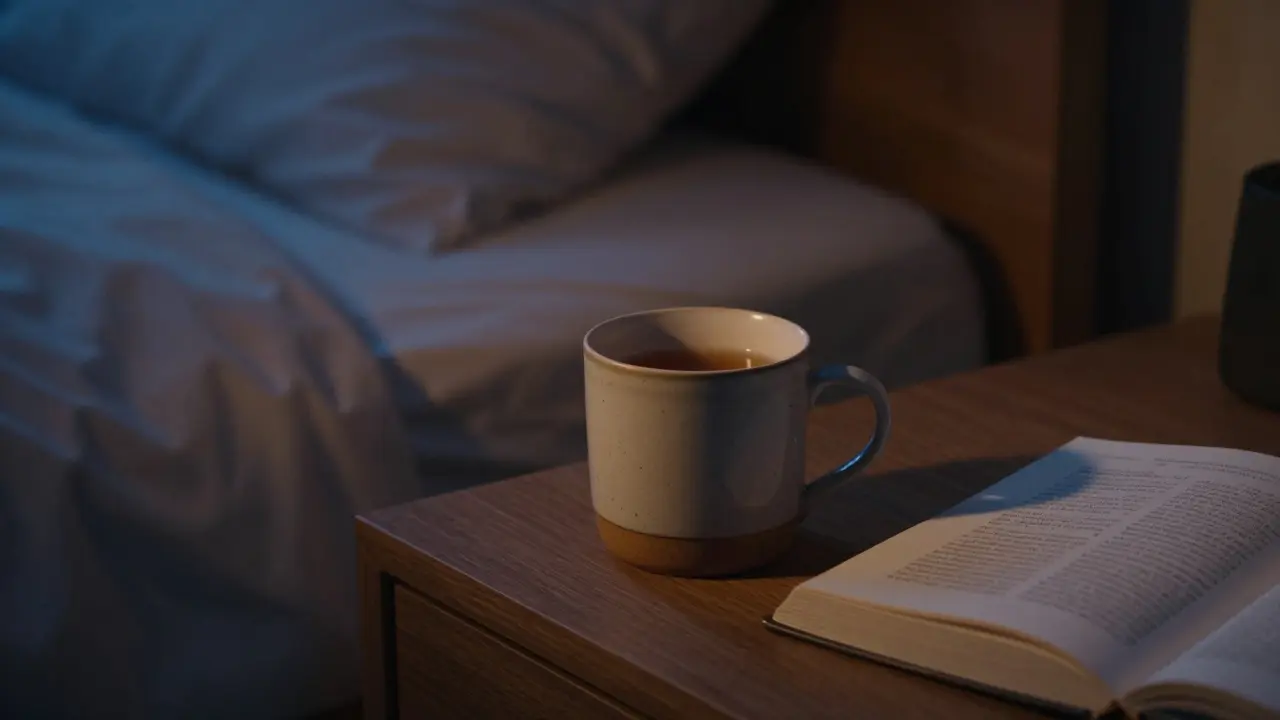 Tichá ložnice s teplým nápojem před spaním pro regeneraci