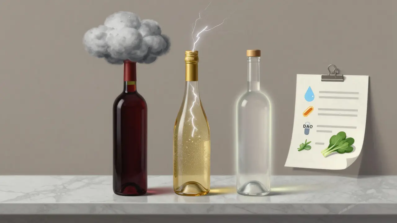 Tři alkoholické nápoje vedle sebe: červené víno, šumivé víno a čistá vodka s přidruženými symboly detoxikace.