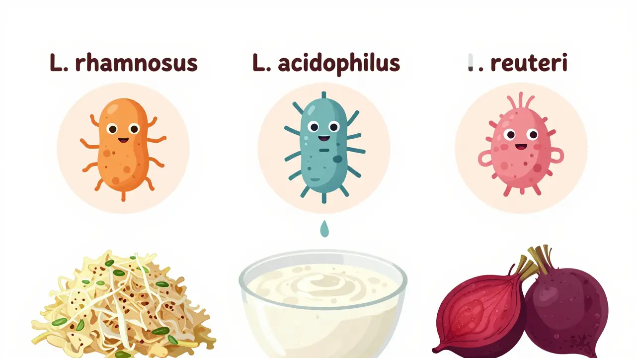Tři druhy laktobacilů nad kvasenými potravinami: kysané zelí, kefír a řepa, symbolizující zdraví střev, imunity a pokožky.