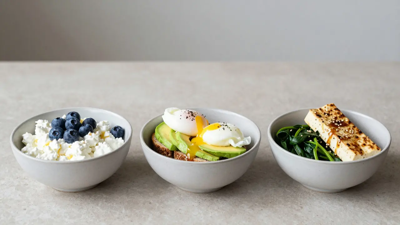 Tři varianty ideální snídaně pro hubnutí: tvaroh s borůvkami, vejce s avokádem a tofu se špenátem.