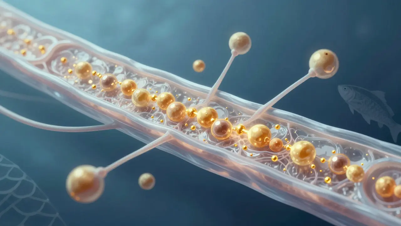 Vizualizace regenerace chrupavky v kloubu pomocí molekul rybího kolagenu a chondrocytů.