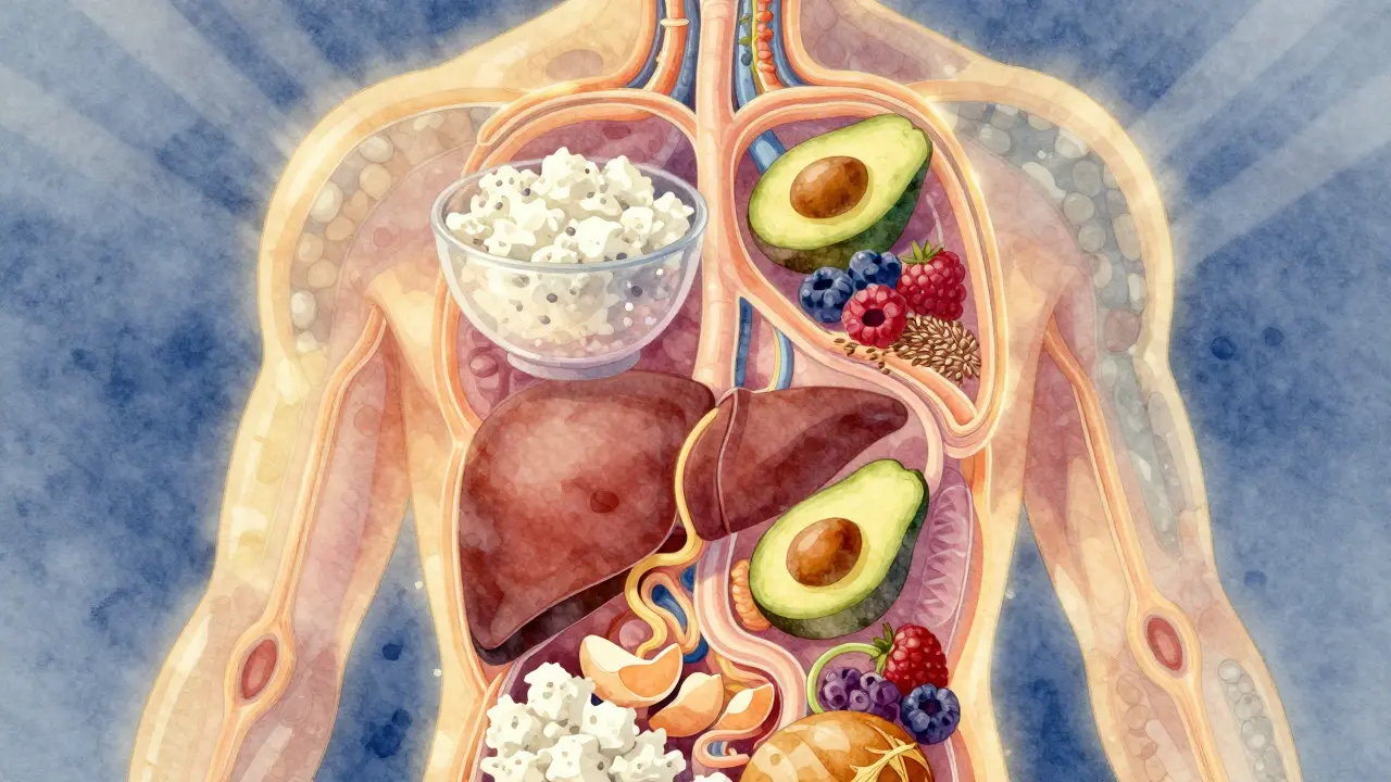 Vnitřní energie těla napájená výživou ze snídaně: bílkoviny, tuky a vláknina ve světlých proudech.