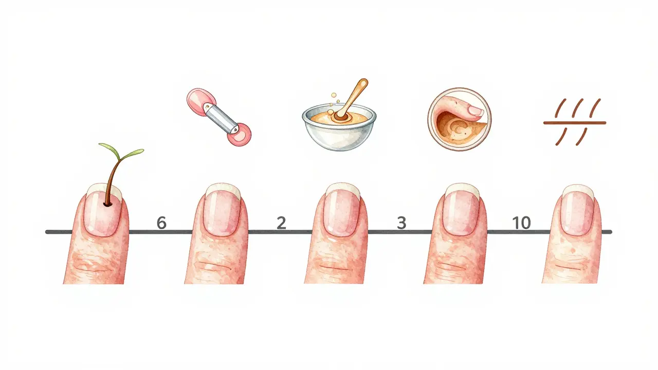 Vývoj nehtu během 6 týdnů s fázemi aplikace, odstranění a odpočinku.