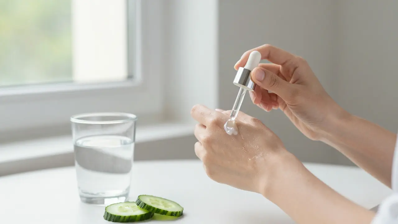 Žena aplikuje sérum a krém na čistou pokožku s sklenicí vody a okurkou vedle.