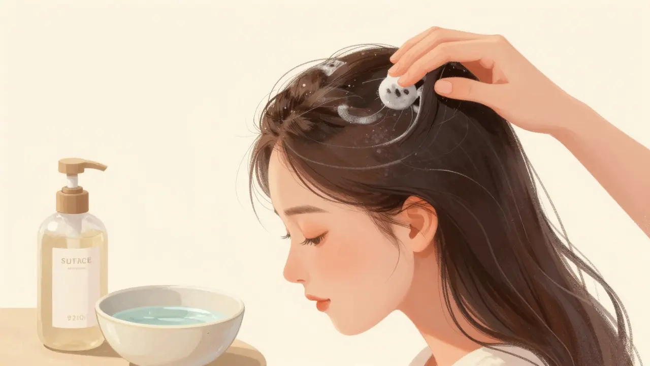 Žena jemně aplikuje kondicionér na kůži hlavy, ruce v tichém, klidném prostředí.