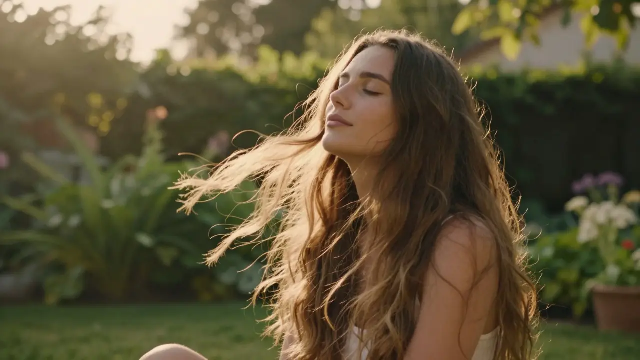 Žena v klidu v přírodě s dlouhými vlasy symbolizující péči.