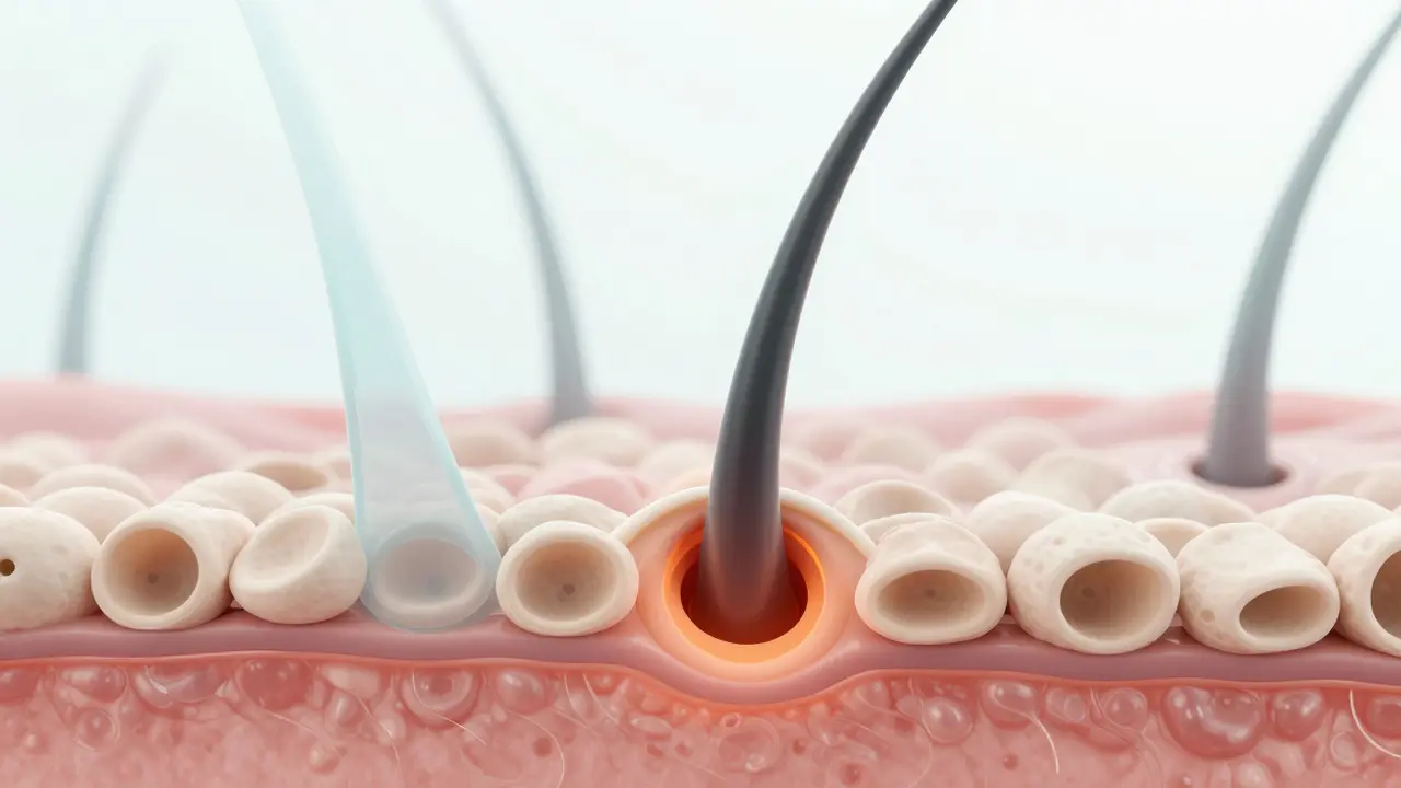 3D schéma průřezu kůží znázornující vrostlý chlupěk v hårfolikulu.