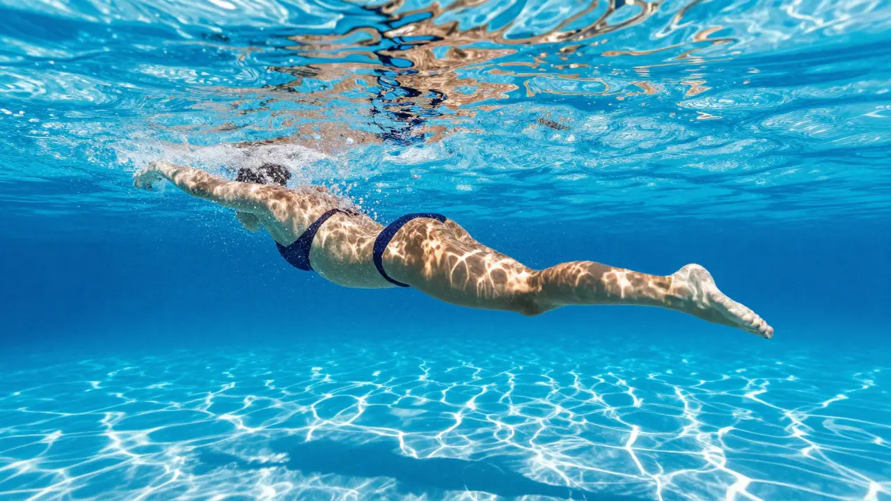 Člověk plavící v bazénu, což představuje šetrný pohyb pro klouby.