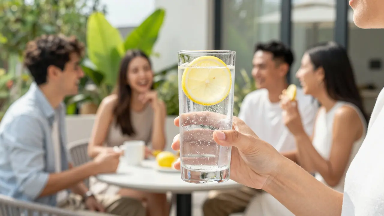 Člověk s osvěžujícím nealkoholickým nápojem v přátelské společnosti.