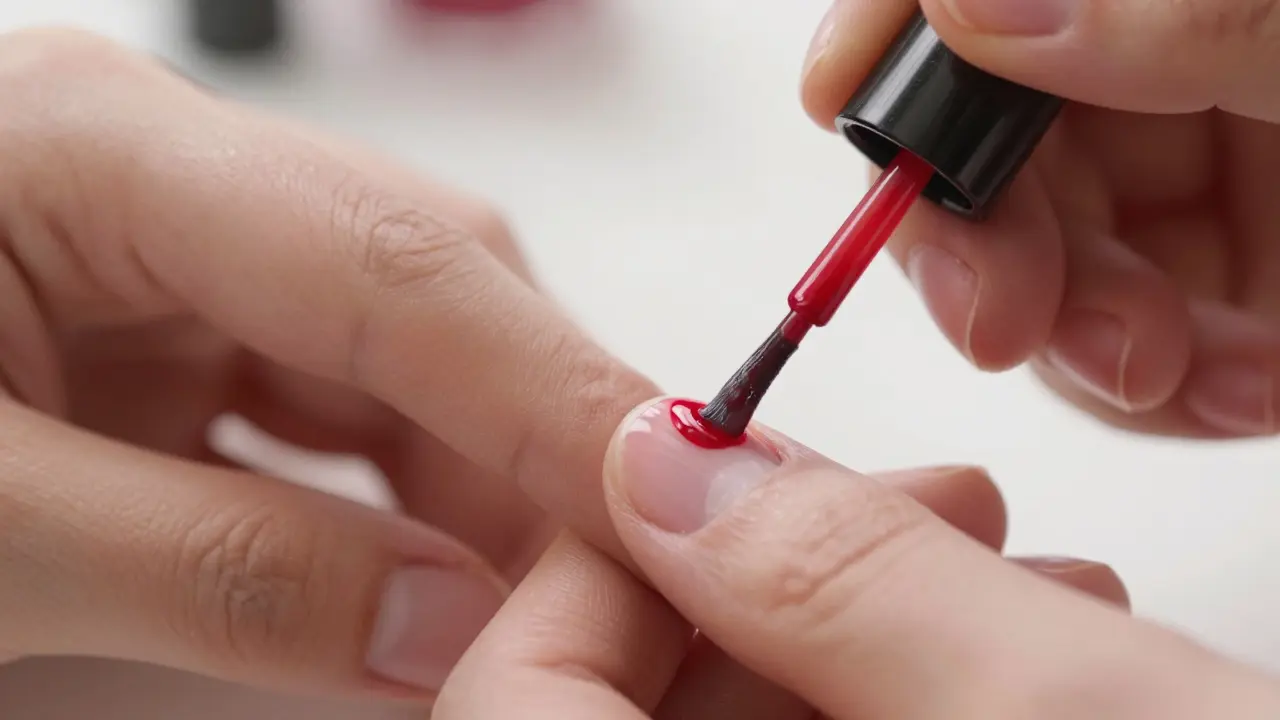 Detail nanášení červeného laku na nehet pomocí štětečku s precizním výsledkem.