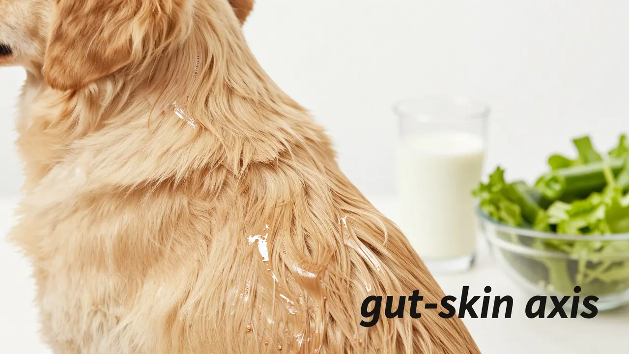 Detail zdravé a lesklé srsti psa s kefirem v pozadí jako symbol zdravého trávení.