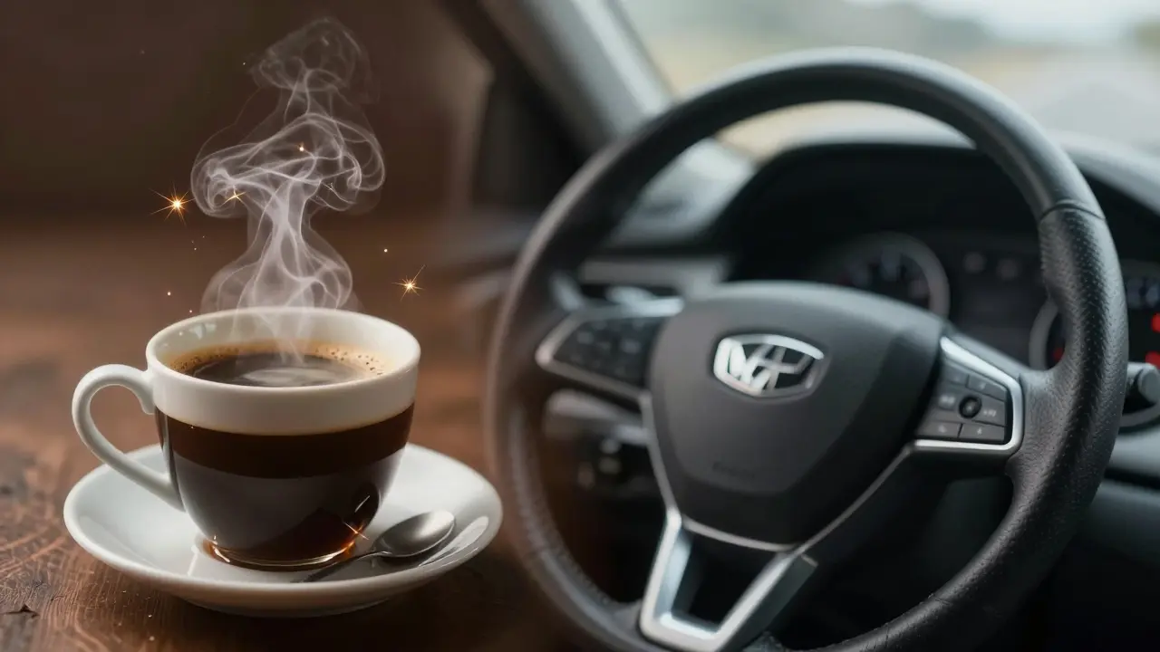 Káva vedle rozmazaného pohledu na volant, symbolizující klamavou bdělost.