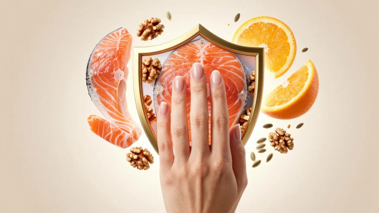 Koláž potravin bohatých na zinek, biotin a omega-3 pro silné nehty.