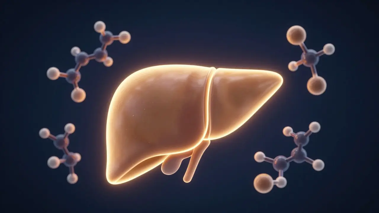 Konceptuální 3D vizualizace jater při procesu metabolizace alkoholu.