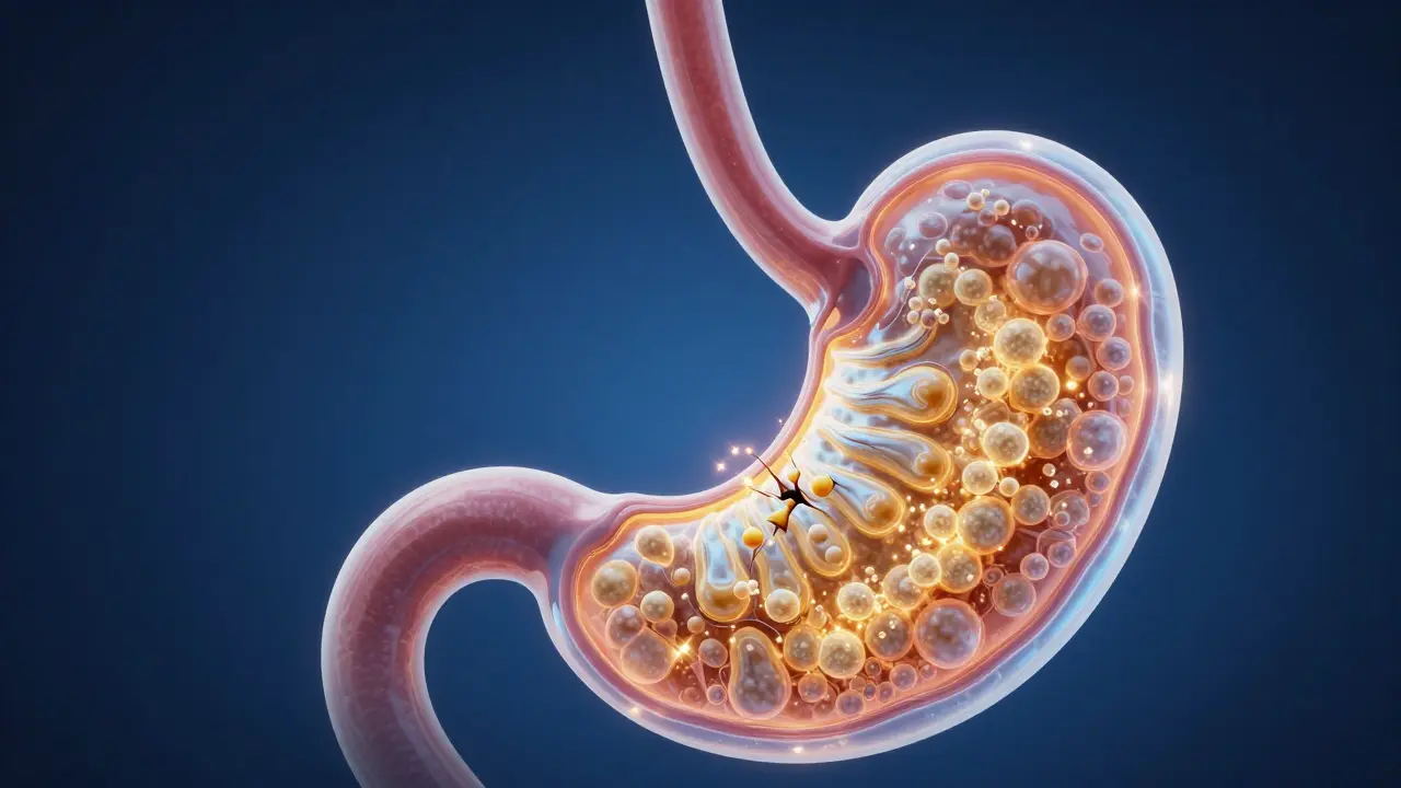 Konceptuální 3D vizualizace regenerace a ochrany žaludeční sliznice.