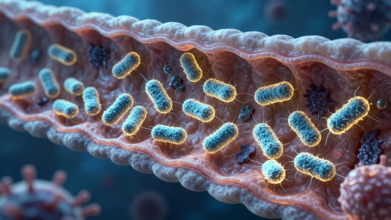Konceptuální 3D znázornění prospěšných bakterií obnovujících rovnováhu v psích střevech.