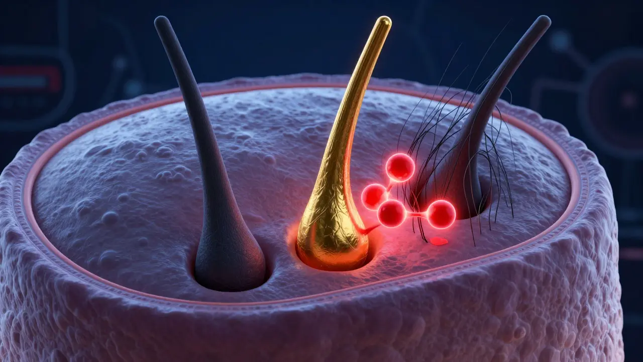 Konceptuální ilustrace zmenšování vlasového folikulu v důsledku vlivu hormonů.