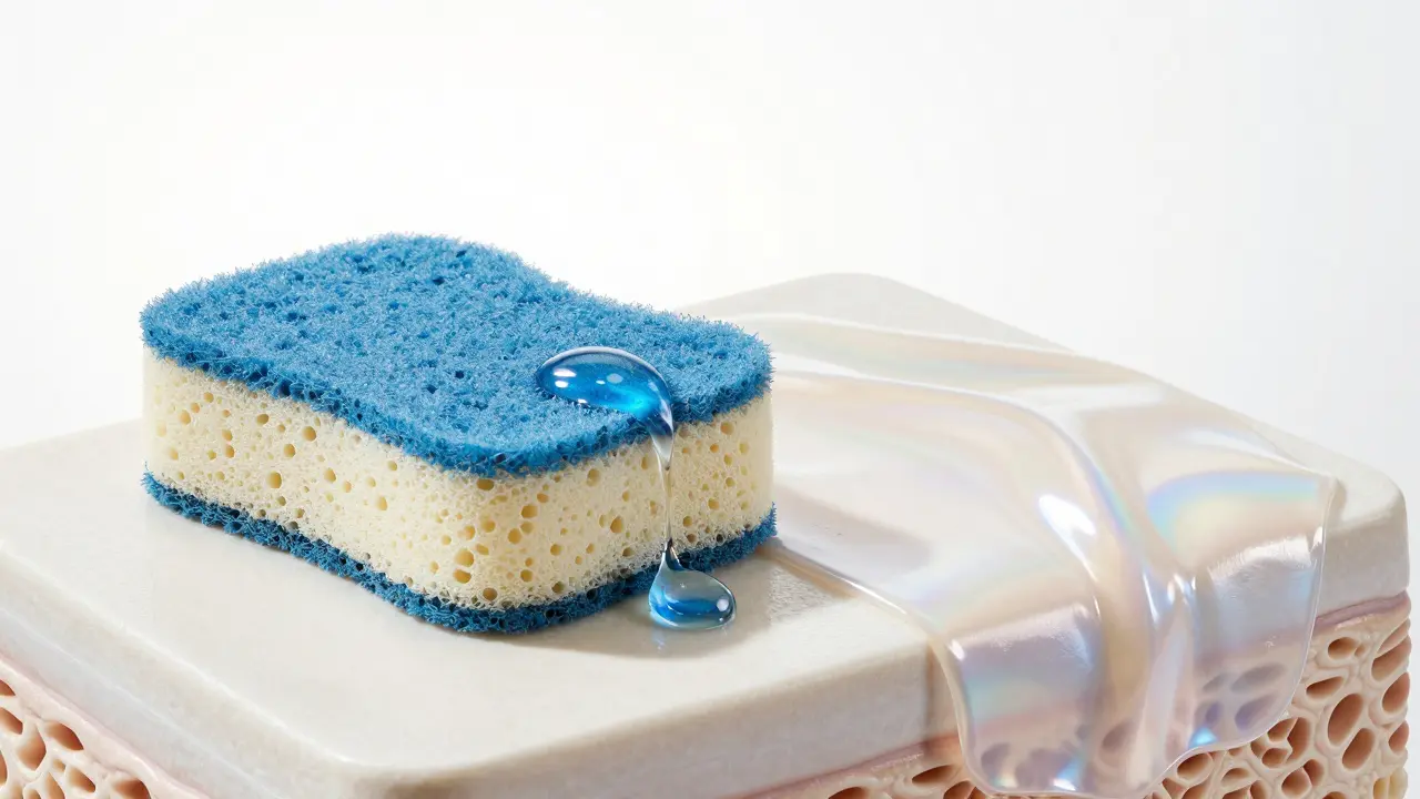 Konceptuální zobrazení kůže jako houbičky absorbující vodu a chráněné vrstvou.