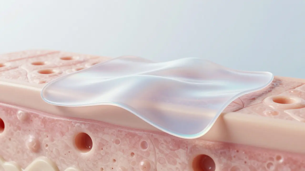 Konceptuální zobrazení silikonového filmu jako ochranné vrstvy na povrchu pokožky.
