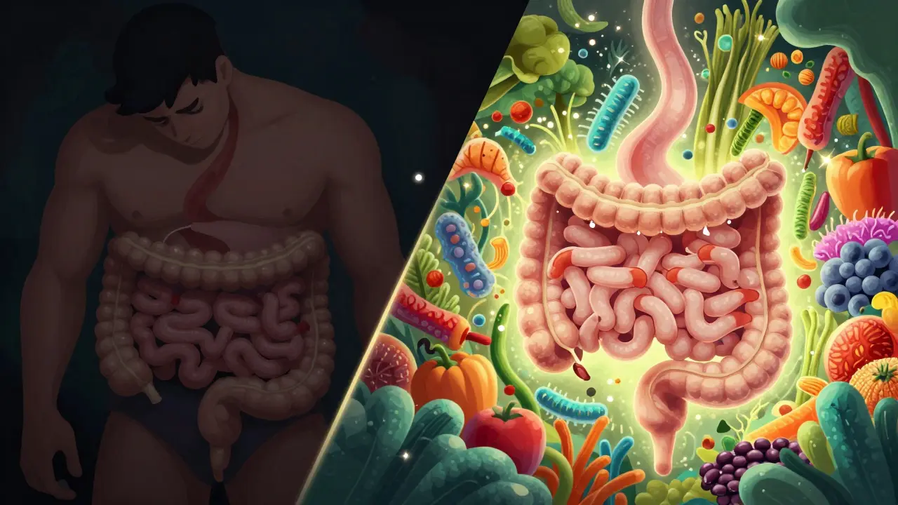 Kresba srovnávající zatížení trávení masem a zdravý střevní mikrobiom s vlákninou.