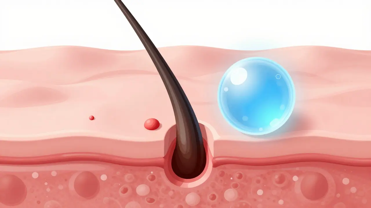 Kresba vrostlého chloupku v kůži a působení kyseliny salicylové.