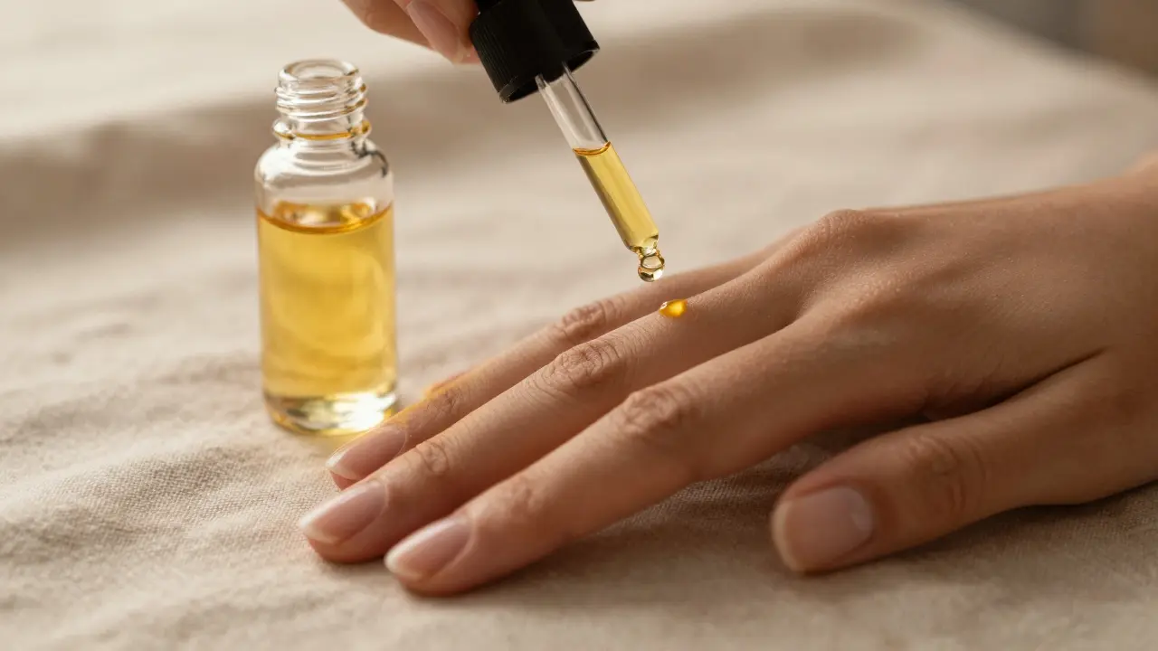 Kůžičky a zdravé nehty s kapkou regeneračního olejíku na hedvábné látce.