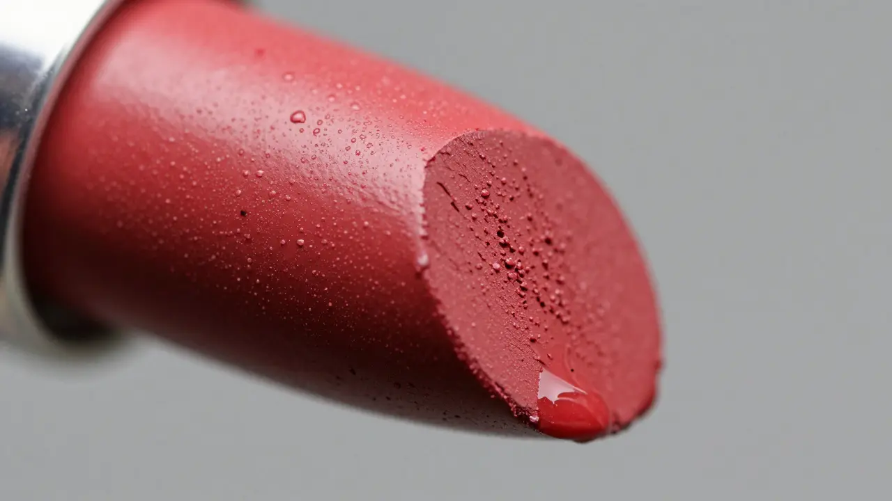 Makro detail zkažené textury rtěnky s odděleným olejem