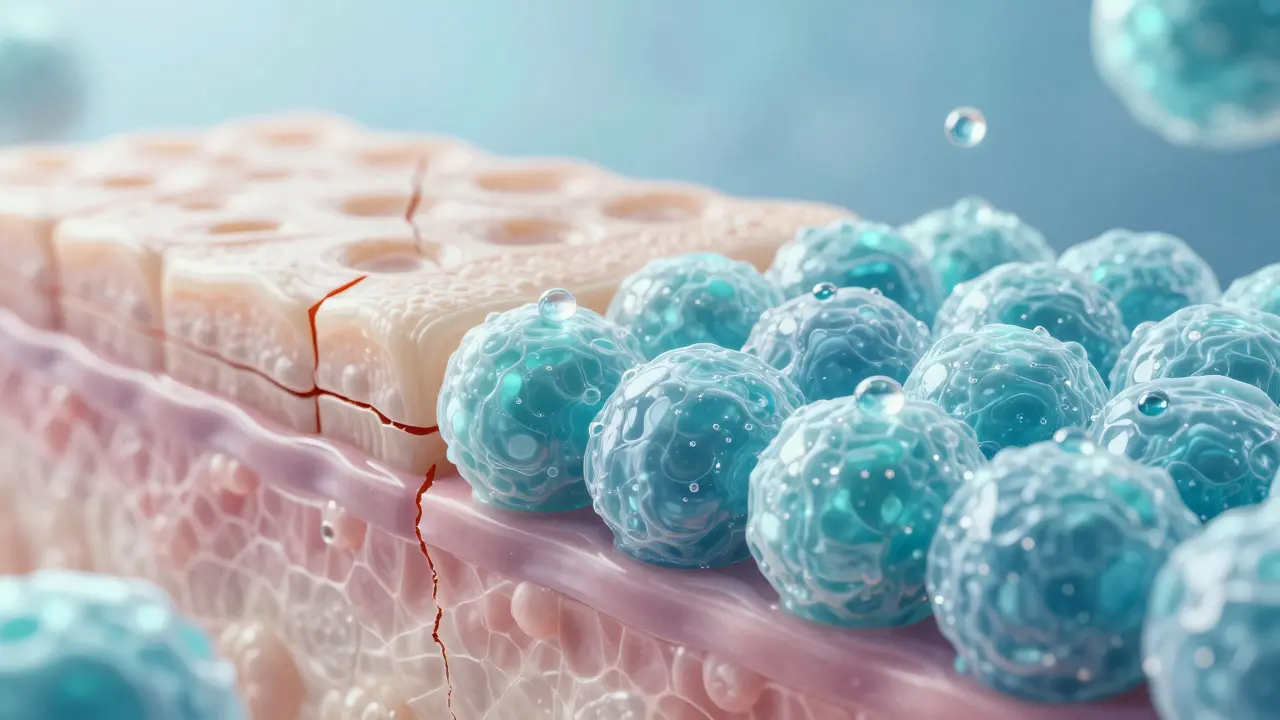 Mikroskopický pohled na hydrataci pleti pomocí kyseliny hyaluronové.