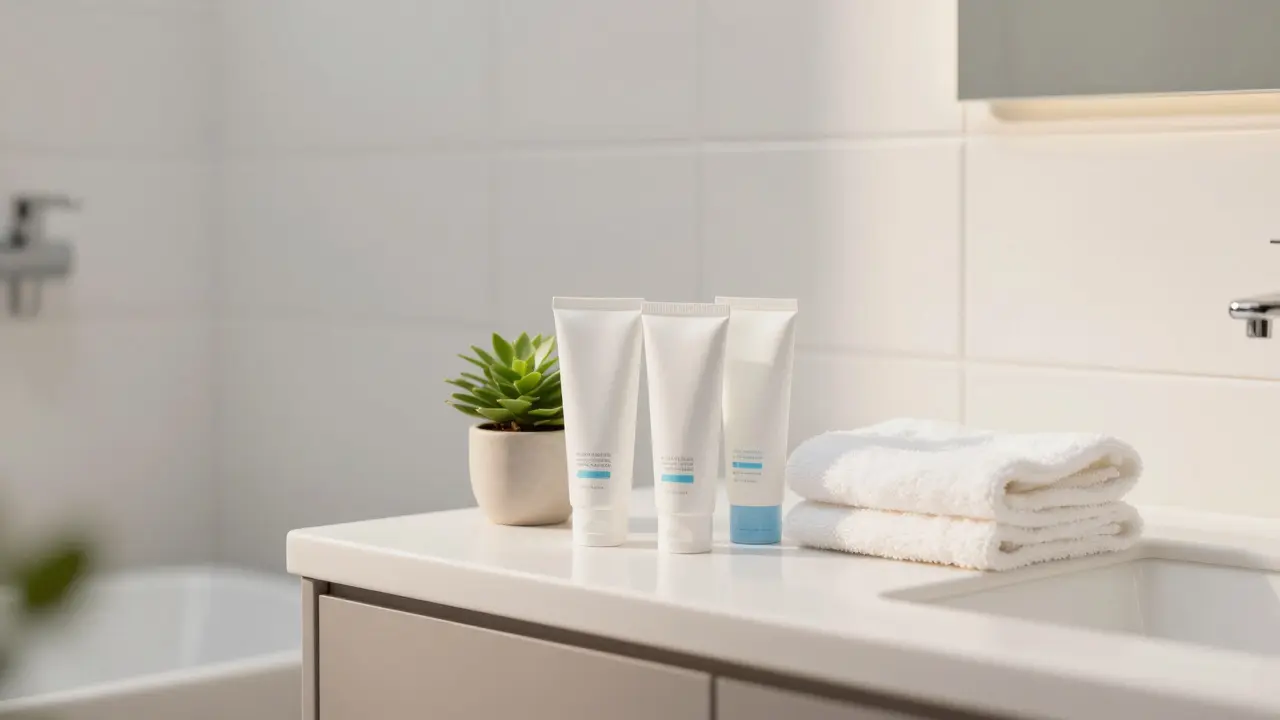 Minimalistický koupelnový interiér s bílo-modrými tubami dermokosmetiky na pultu.