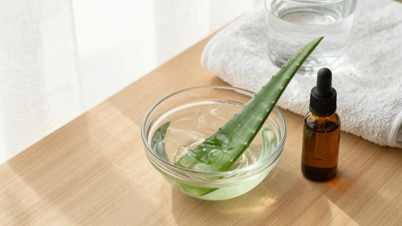 Mísa s aloe vera gelem a lahvička s tea tree olejem pro zklidnění pokožky.