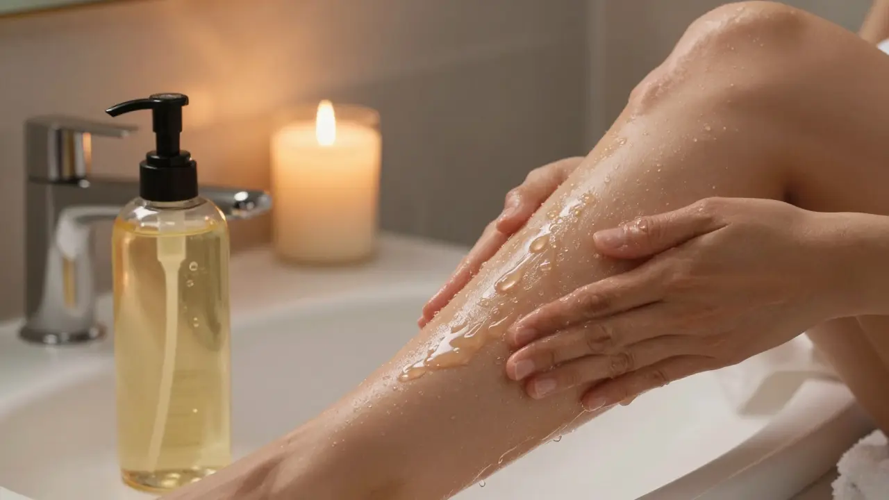 Nanášení hydratačního oleje na hladkou pokožku nohy po tělovém peelingu.