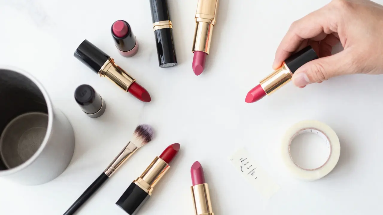 Organizace a revize sbírky rtěnek na bílém mramoru