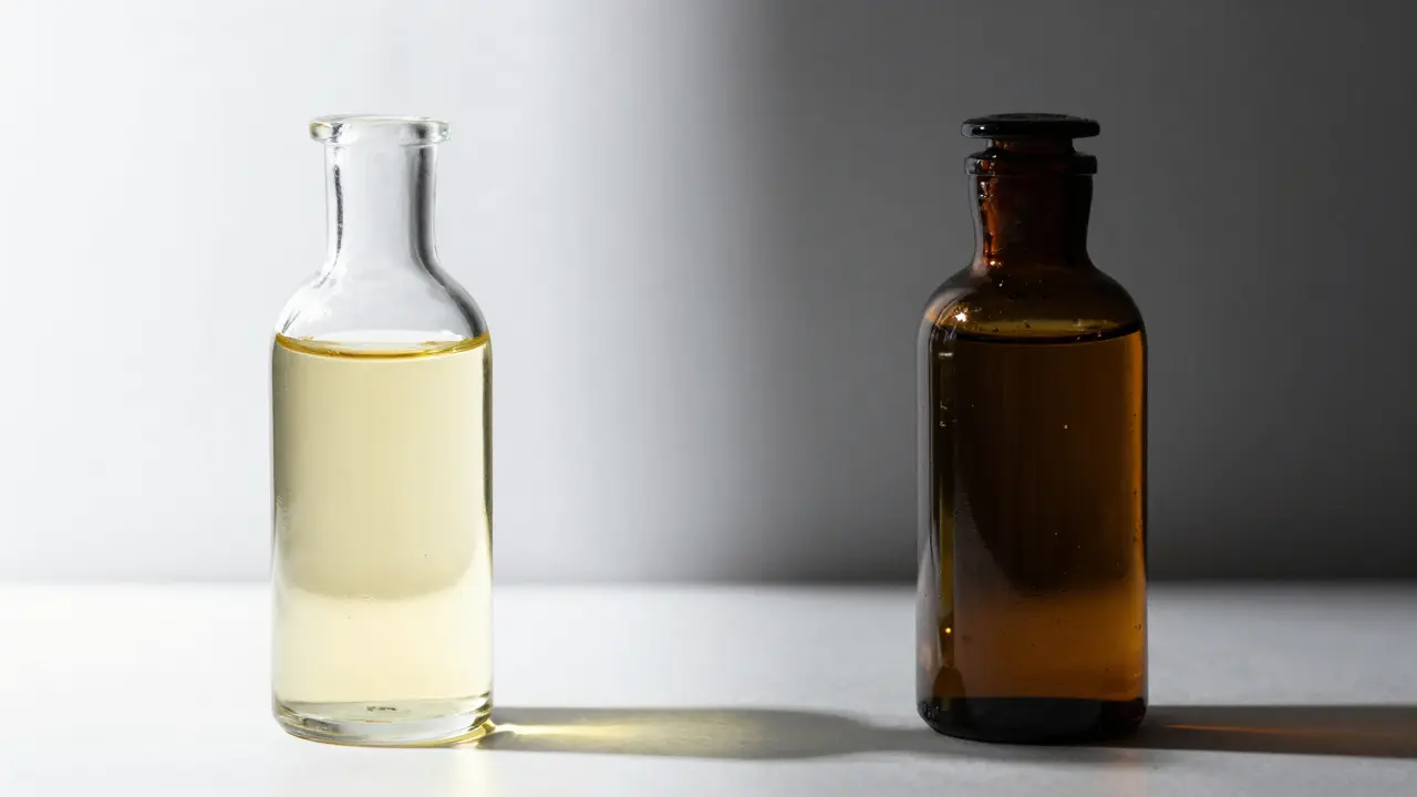 Porovnání čiré lahve na slunci a tmavé lahve ve stínu pro ochranu vitamínů