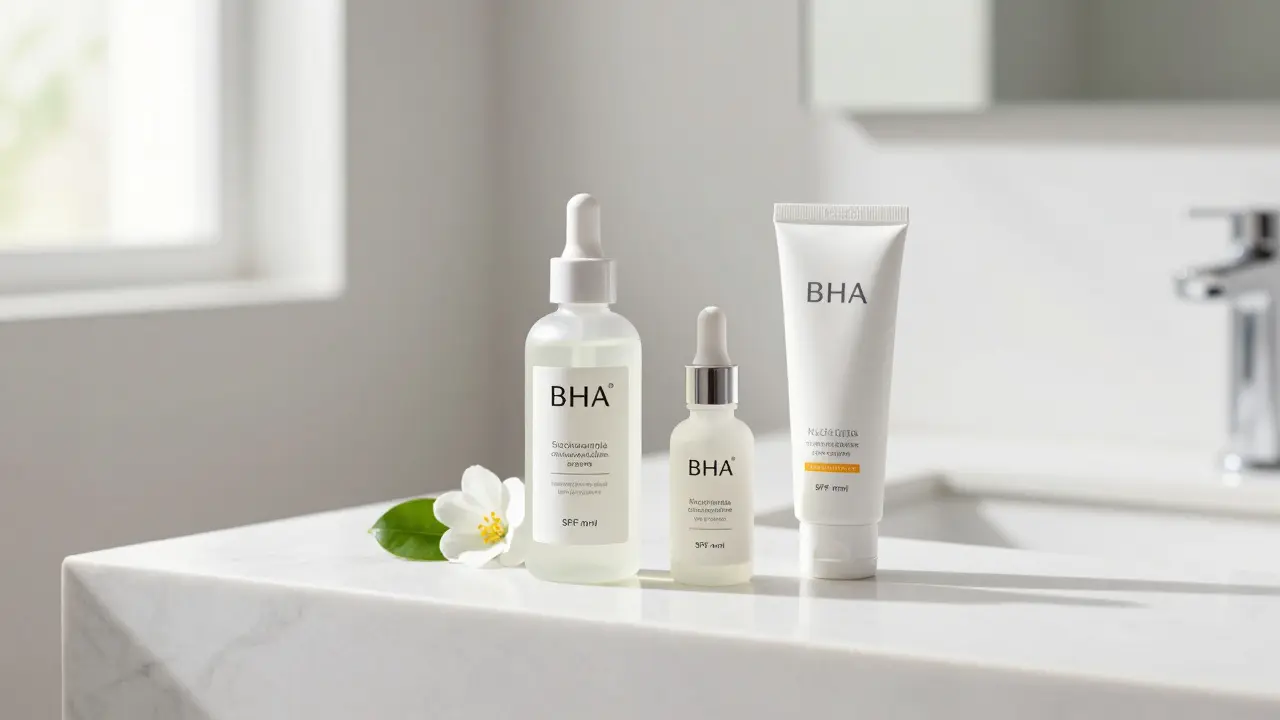 Sada kosmetických produktů s BHA, niacinamidem a SPF na mramorovém podloží.