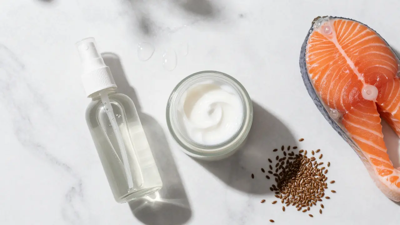 Sada produktů pro hydrataci pleti s hyaluronem a krémy na mramorovém povrchu.