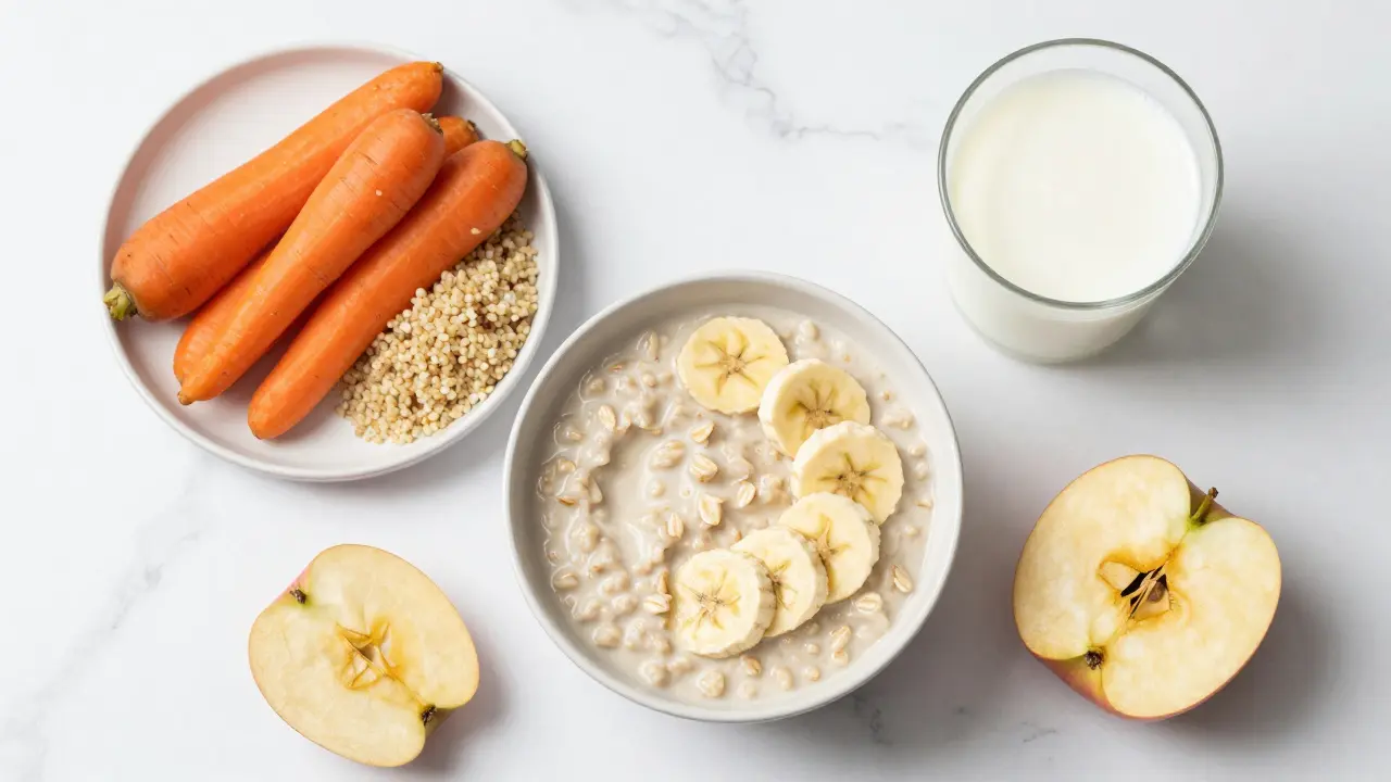 Sestava zdravých potravin včetně ovesné kaše s banánem a vařené mrkve.